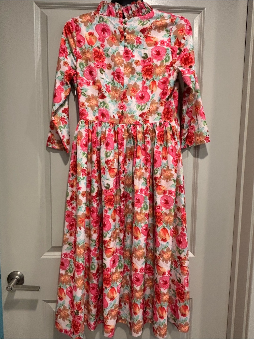 Dainty Jewells Floral Flowy 3/4-Sleeve Ruffle Neck Midi Dress - Pink Multi S - Picture 10 of 10